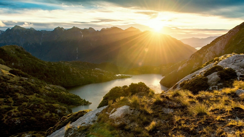 sunrise, lake, environment, sun, landscape, national park, sky, tranquil scene, 1080P, new zealand, no people, non-urban scene, tranquility, idyllic, sunlight