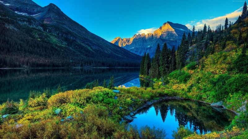 trees, water, wilderness, national park, highland, river, sun, mountain, 4K, lakes, reflection, usa, lake, glacier national park, nature, mount scenery