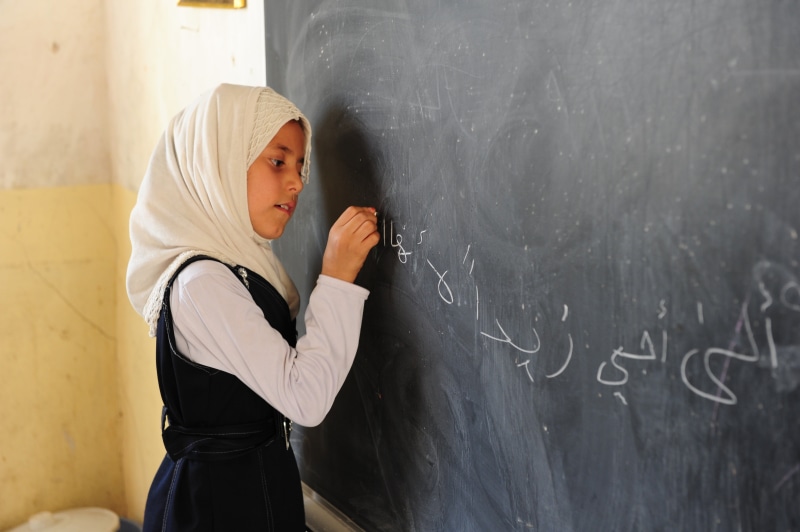 school building, clothing, board, school, child, girl, waist up, indoors, girls, classroom, religious Veil, architecture, student, education, iraq, people