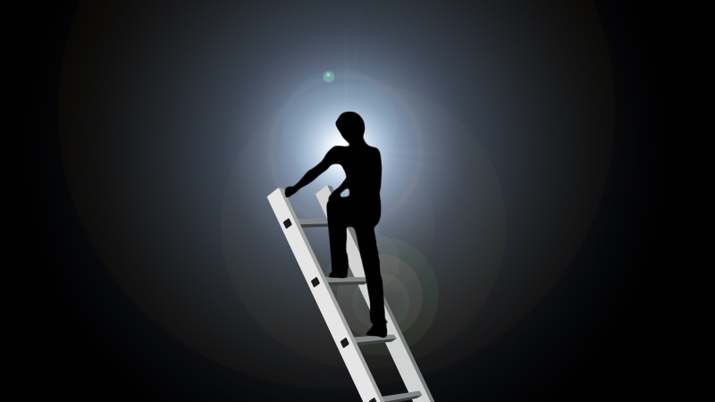 spotlight, climbing, indoors, development, profession, silhouette, business, way of life, mystery, black background, colored background, back lit, success