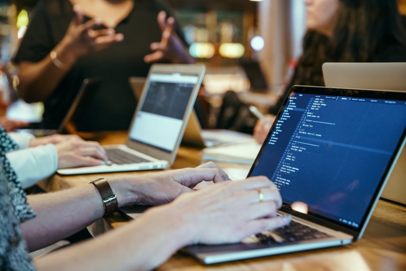 Coding, young adult, School, hand, group of people, computer, photo, using laptop, indoors, laptop, wireless technology, women, teamwork, business finance and industry
