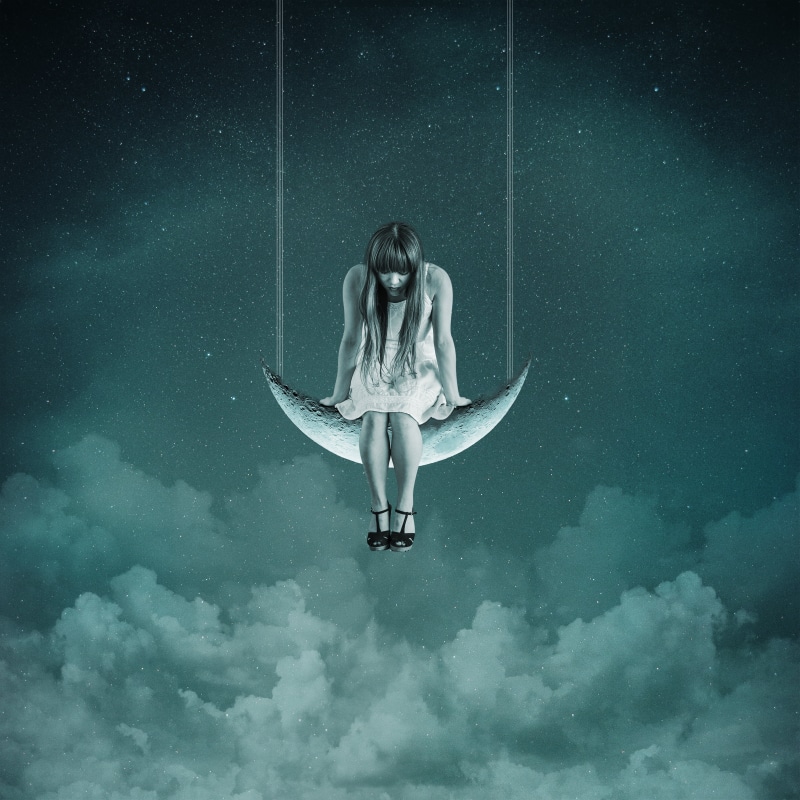 snow, nature, cloud - sky, girl, outdoors, night, females, full length, blue, sport, emotion, backgrounds, digital composite, contemplation, adult, surreal