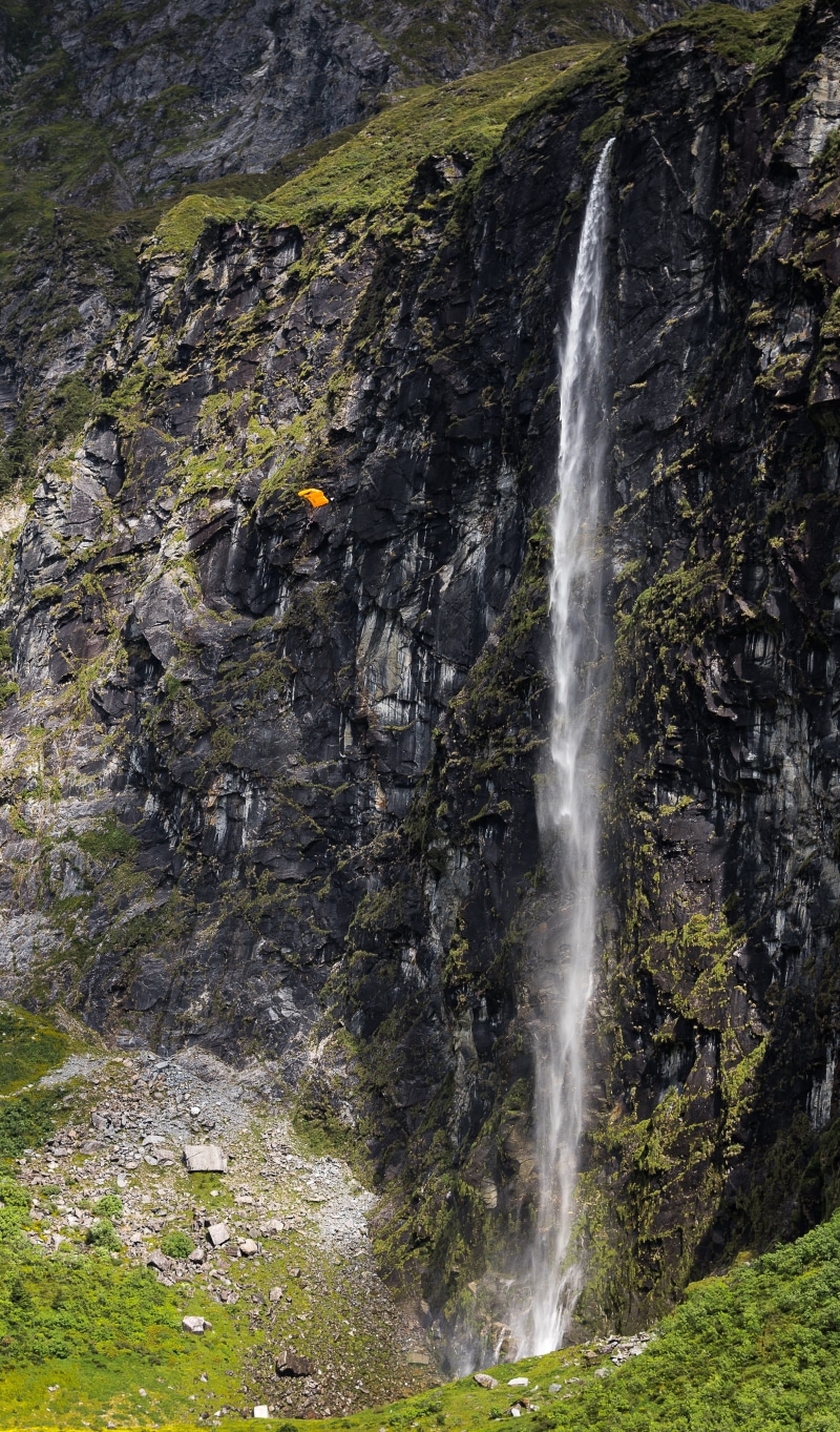 waterfall, long exposure, beauty in nature, jump, water, rock, parachute, rob roy glacier trail head and car park, non-urban scene, rock formation, nature