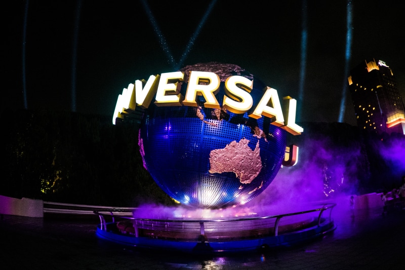neon, purple, Usj, western script, Japan, outdoors, photography, night, blue, earth, Universal Studios Japan, 4K, information, architectural, illuminated