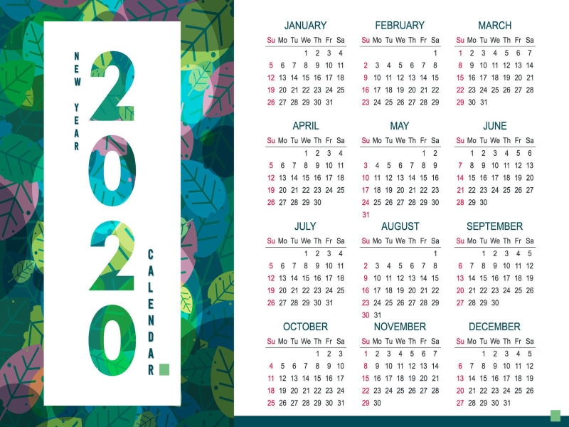2020 (Year), month, numbers, calendar, 720P, leaves