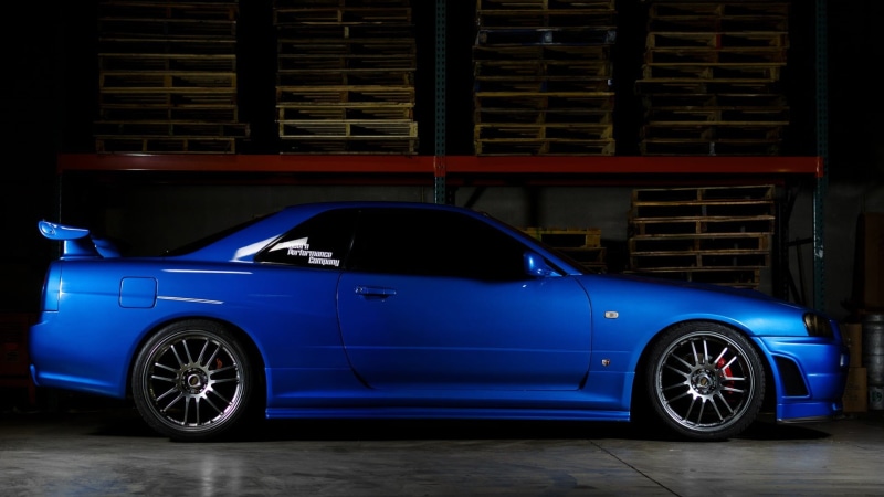 indoors, 1080P, built structure, luxury, car, blue, mode of transportation, travel, street, gtr, no people, coupe, sky, night, r34, retro styled, architecture