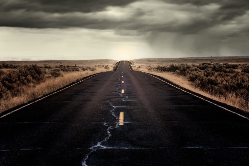 cloud - sky, no people, diminishing perspective, land, road marking, vanishing point, black, outdoors, road, transportation, sign, landscape, horizon over land