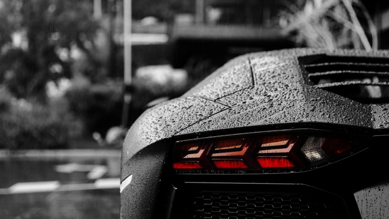 selective coloring, 1080P, Lamborghini Aventador, bokeh, car, water drops, Lamborghini, f22, rain