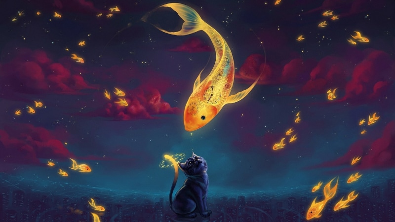 clocks, fish, clockwork, animals, dials, stars, watches, cartoon, digital art, night, fantasy art, 1080P, cat, goldfish, numbers, skyscraper, artwork