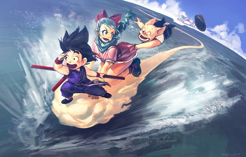 fun, cloud - sky, real people, leisure activity, clothing, childhood, Oolong (Dragon Ball), Flying Nimbus, Goku, sky, beauty in nature, women