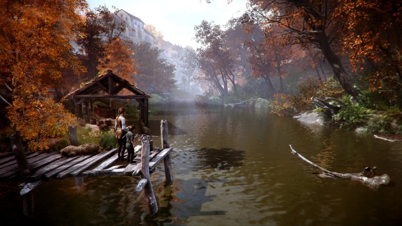 Asobo Studio, screen shot, A Plague Tale Innocence, 1080P, trees, fall, river, children, video game art, video game characters