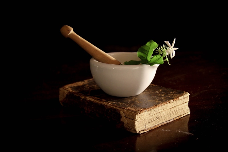 table, indoors, mortar and pestle, leaf, brown, medication, pharmacy, potted plant, 5K, wellbeing, focus on foreground, botany, no people, nature, black background