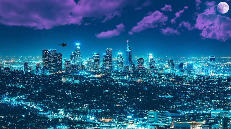 united states, skyline, 5K, 5k, strange, metropolis, 5k uhd, city, full moon, sky, night, los angeles, cityscape, california, city lights, skyscraper