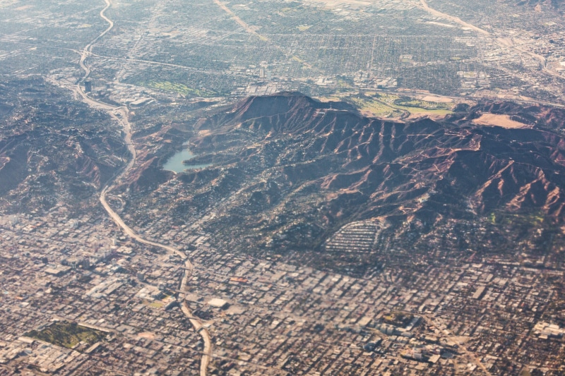 beauty in nature, Hollywood Sign, sign, air Vehicle, high Angle View, scenics - nature, from the plane, Hollywoodland, day, iconic, rural scene, tranquil scene