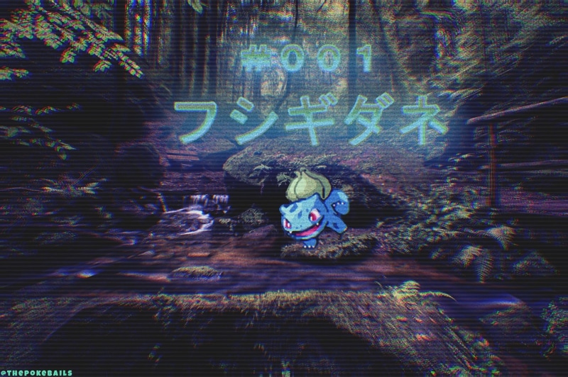 Japanese, Pokemon Go, landscape, forest, Bulbasaur, stream, 2K, Pokémon, Fushigidane, moss, nature, katakana, trees, vaporwave