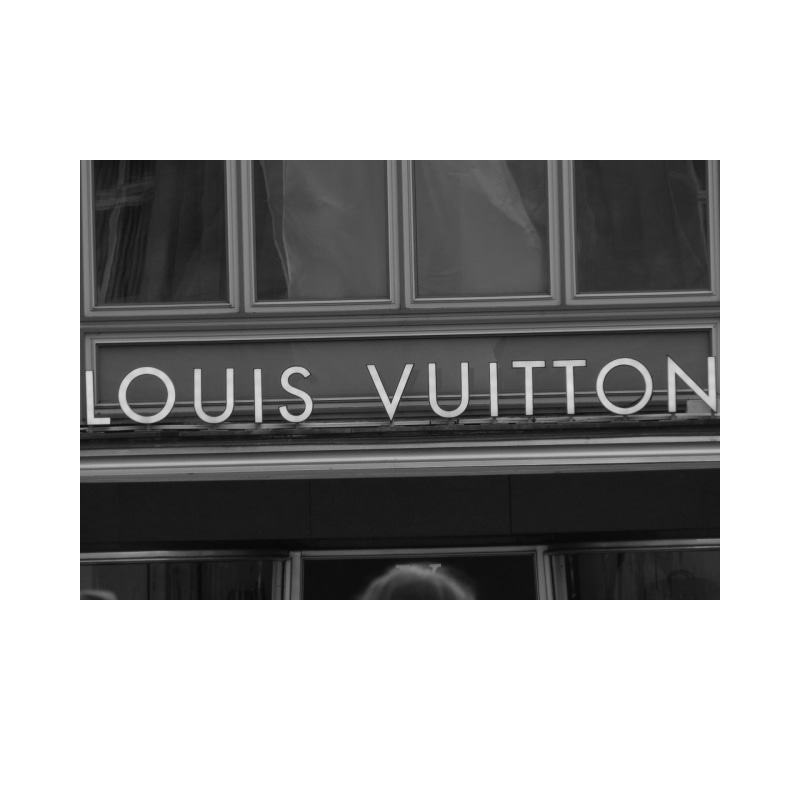 sign, 1080P, text, no people, monochrome, low angle view, close-up, Louis Vuitton, communication, auto post production filter, building exterior, western script