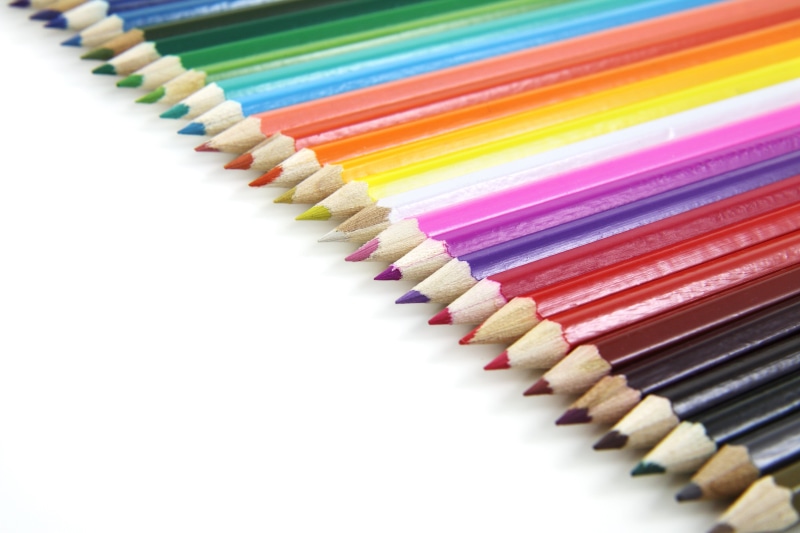 in a row, still life, white background, art, art and craft, order, colored, white, pencils, supplies, arrangement, variation, close-up, sharp, isolated
