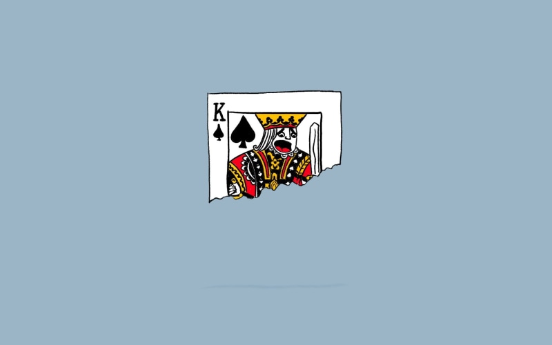 indoors, blue background, male likeness, studio shot, card, choice, human representation, mid-air, 1080P, creativity, people, playing cards, king, technology