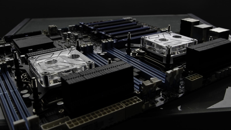 high angle view, close-up, computer, blue, still life, technology, motherboards, arts culture and entertainment, circuit board, EKWB, part Of, mother board