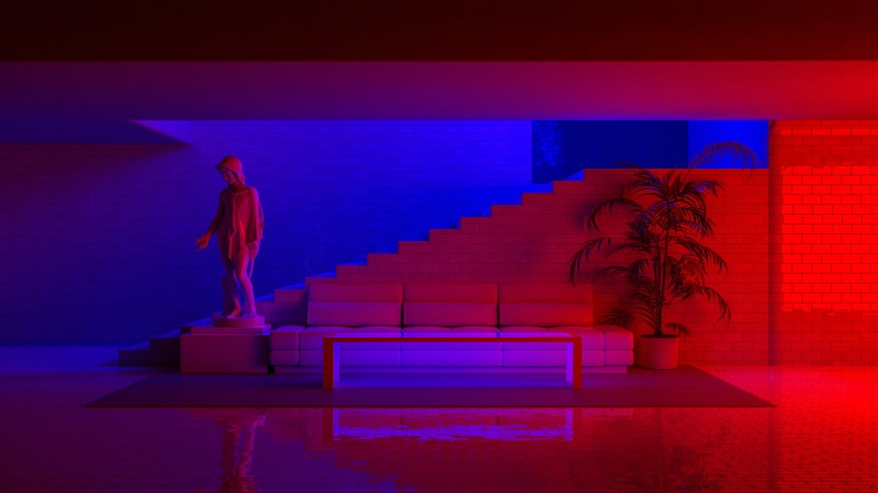 Blender, Eros, bricks, CGI, statue, couch, 4K, red, neon, plants, neon lights, interior design, minimalism, digital art, 3D graphics, blue