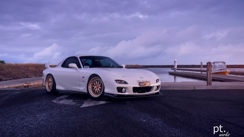 Mazda, Mazda RX-7 FD, water, 1080P, clouds, boat, Japanese cars, vehicle, JDM, sky, white cars, Mazda RX-7, car