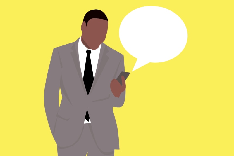 bubble, phone, speech, males, digital composite, communication, men, front view, illustration, well-dressed, one person, message, african, business, blank