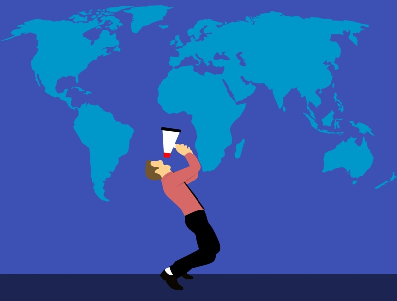 information, company, side view, indoors, world map, executive, speaker, getting, service, candidate, vote, job, message, full length, alert, man, blue background