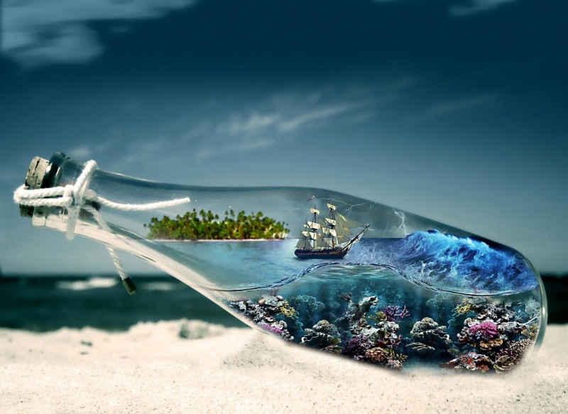 ocean, fantasy, nature, capture, ship, island, sand, vision, message, 1080P, beach, bottle, shore