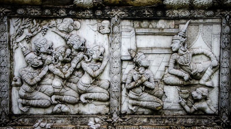 art and craft, sculpture, room, living, male likeness, building, wood, pattern, bas relief, canvas, carving, thai, religion, new, concept, the past, solid