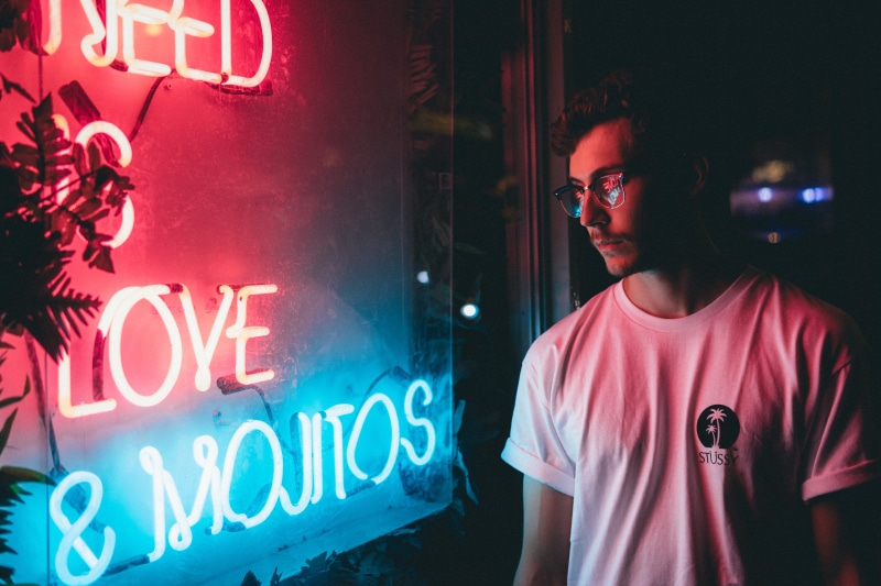 young adult, adult, standing, city light, communication, streetscape, outdoors, alone, light, signage, tree, nightlife, pink, glass, 5K, portrait, young men