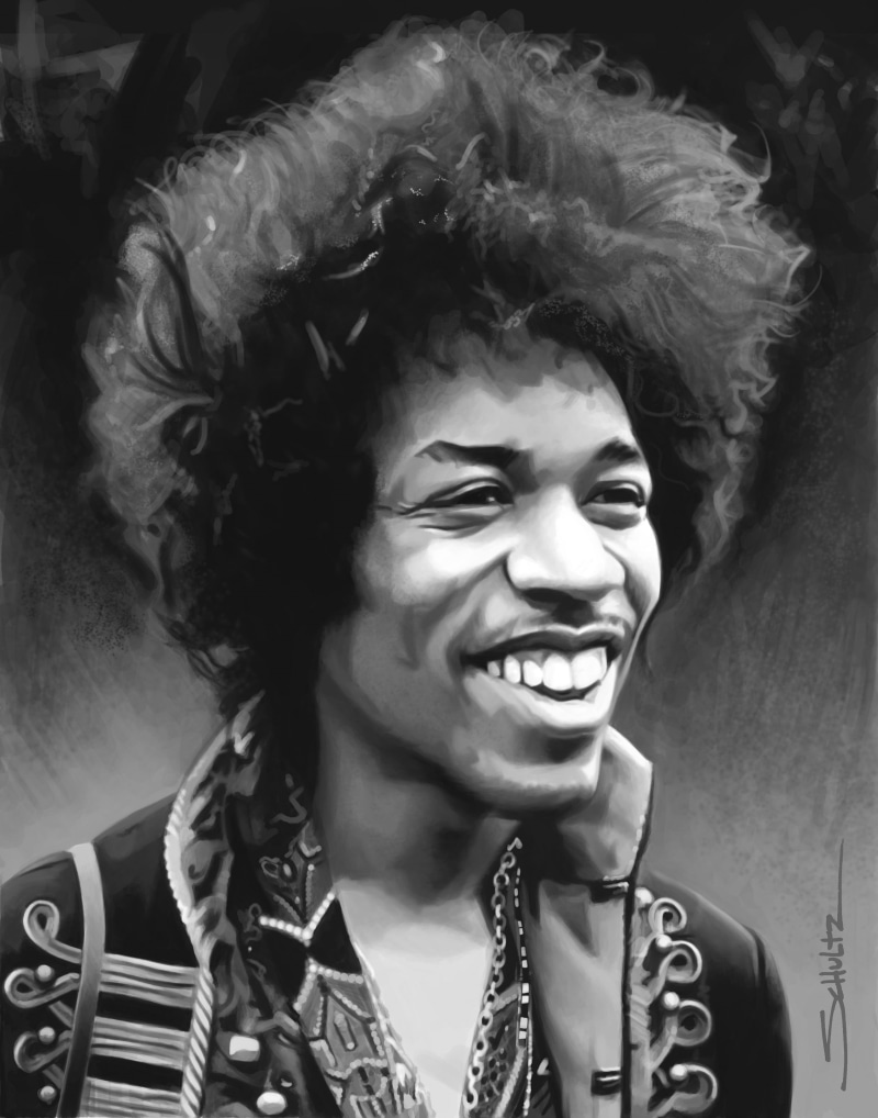 drawing, men, young adult, jimi, mouth open, smiling, mouth, front view, 2K, adult, close-up, cheerful, one person, headshot, emotion, Jimi Hendrix, happiness