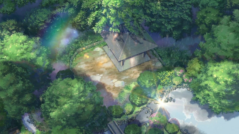 reflection, plant, Makoto Shinkai, outdoors, beauty in nature, Garden of fine words, sunbeam, high angle view, tranquility, cloud - sky, Park