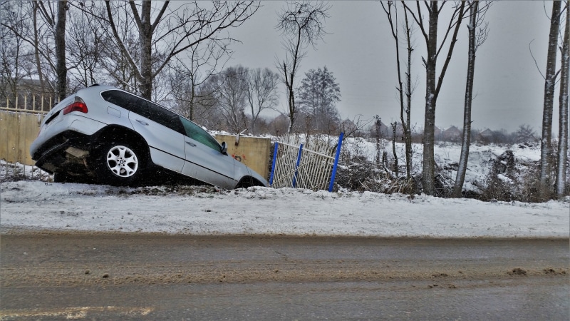 extreme weather, broken, dent, damage, tire, suv, red, winter, driving, automobile, auto accident, collision, car, transportation, vehicle, cold temperature