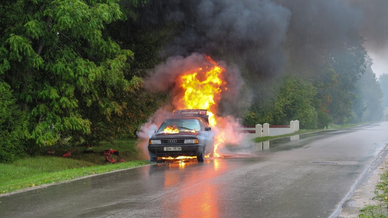 land vehicle, accident, smoke, emergency, burning, damage, collision, hose, safety, communication, sign, trouble, nature, heat, fire hose, near, automobile