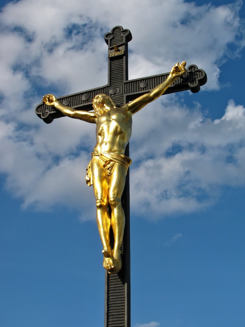 believe, Christ, crucifixion, nature, low angle view, statue, religion, Christianity, holy, resurrection, god, church, sky, gold, saviour, spirituality
