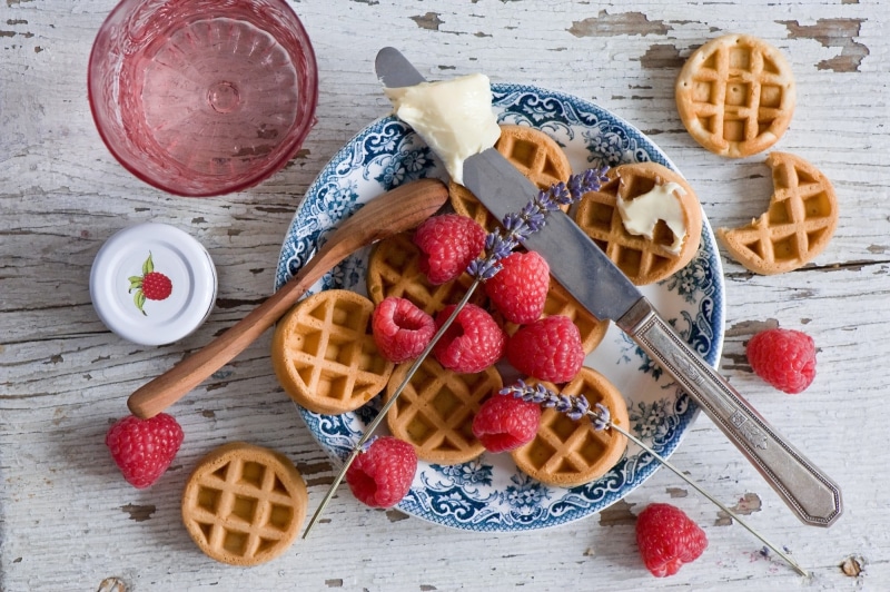 red, berry fruit, eating utensil, waffles, high angle view, food, breakfast, indoors, temptation, freshness, Butter, healthy eating, fruit, studio shot