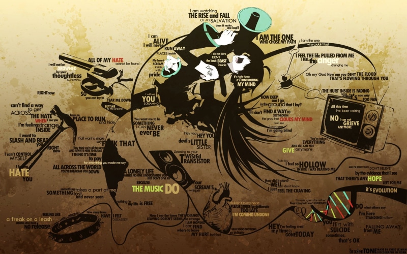 musical instrument, anime, connection, communication, music, full frame, artwork, technology, close-up, Korn, 1080P, wall - building feature, map, musical note