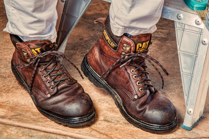 shoe, caterpillar, human foot, boot, two people, limb, foot, high angle view, rough, job, heavy, comfort, standing, person, 5K, artisan, protection, worker