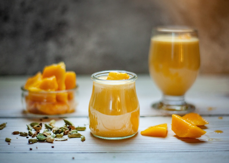 juicy, household equipment, sweet, vegetable, wood, refreshment, clear, juice, fruit, drink, orange juice, milkshake, mango, breakfast, indoors, tropical