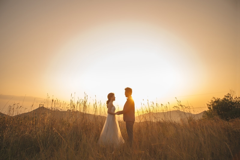 emotion, togetherness, standing, couple - relationship, marriage, two people, women, heterosexual couple, sunset, field, married, adult, romance, newlywed