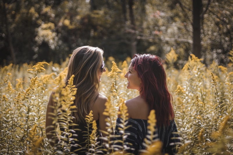 facing, girl, flower, 5K, lifestyles, nature, sunlight, in field, brown, positive emotion, land, two people, field, tree, young women, plant, friend, friendship