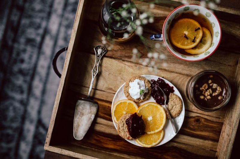 service, food and drink, hotel, indoors, breakfast, kitchen utensil, brunch, Room service, orange, domestic kitchen, tea, 4K, room, orange fruit, cookies