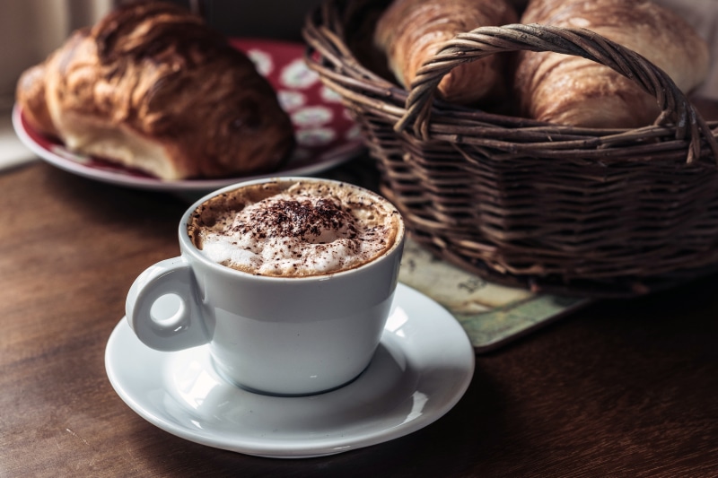 saucer, food and drink, coffee, milk, heat - Temperature, 4K, gourmet, croissants, latte, food, crockery, still life, table, indoors, food/Drink, cafe