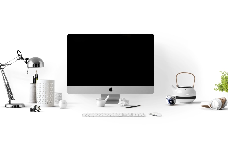 furniture, computer monitor, desk, electric lamp, copy space, poster, poster mockup, still life, table, presentation, computer equipment, mockup, wall