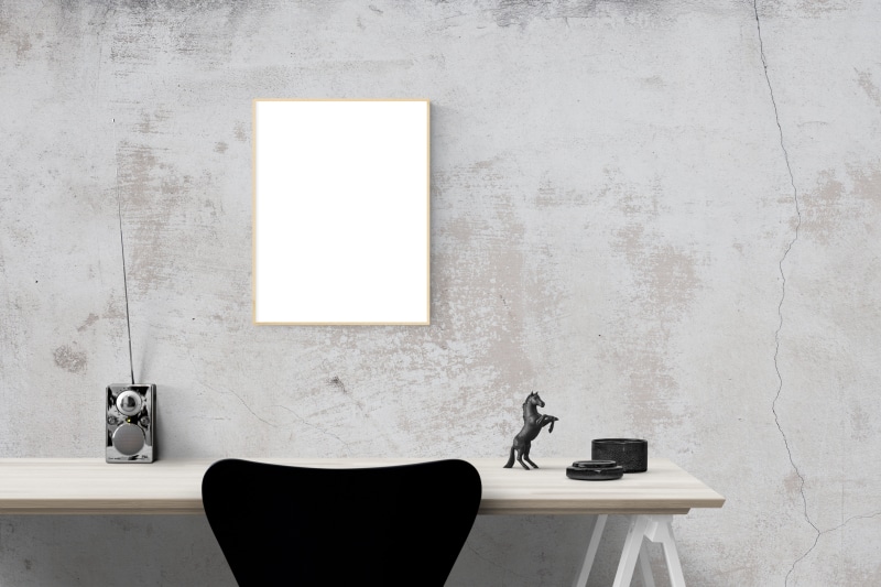 mirror, domestic room, black, wall, chair, picture, standing, desk, people, seat, template, 5K, indoors, poster mockup, wooden, blank, wall - building feature
