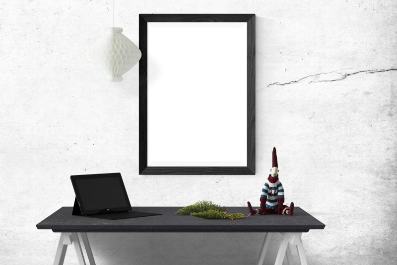 interior, frame, rectangular, business, gallery, black, occupation, computer, working, furniture, one person, indoors, near, blank, desk, mirror, mock