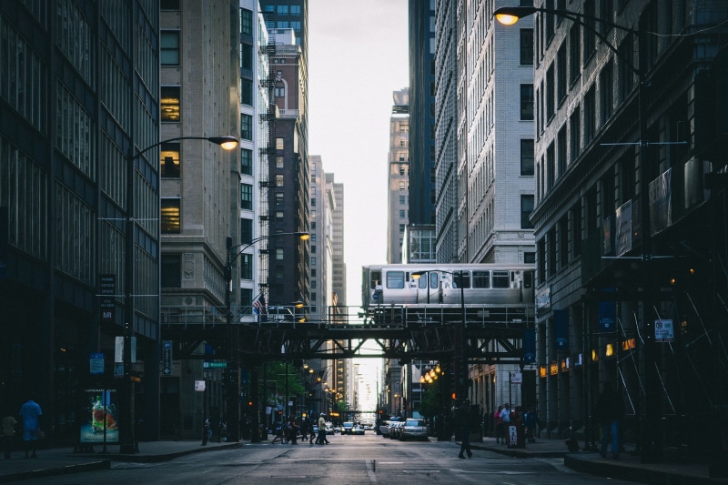train, metro, Chicago, vehicle, street, cityscape, vignette, 1080P
