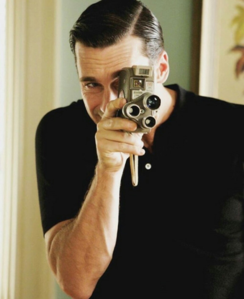 Jon Hamm, technology, retro styled, casual clothing, indoors, camera - photographic equipment, photography themes, adult, AMC, standing, Don Draper, mid adult