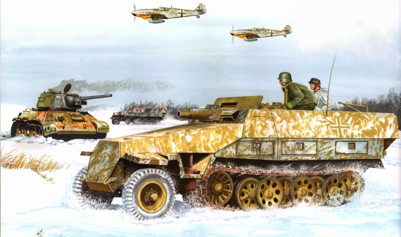 battle, brown, two people, air vehicle, real people, machinery, Sd.Car. 251/9 Stummel, military, army, conflict, clothing, nature, aircraft, working, water