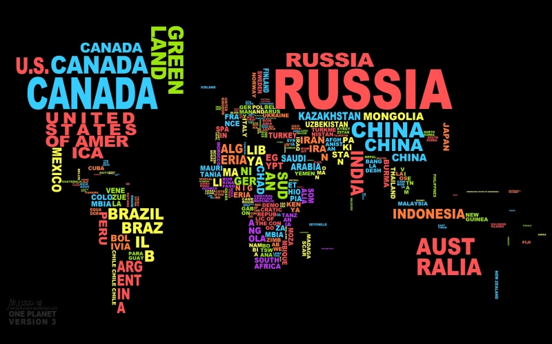 typography, word clouds, map, 4K, world map, countries, black, world